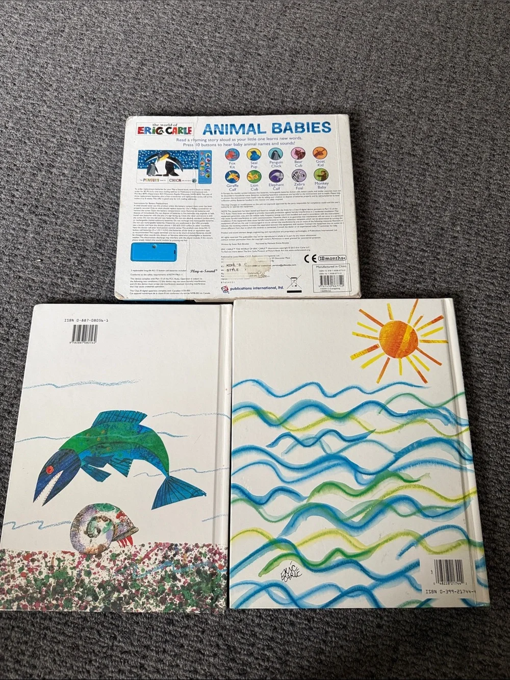 Set of three Eric Carl hardback books animals hermit crabs babies play a sound